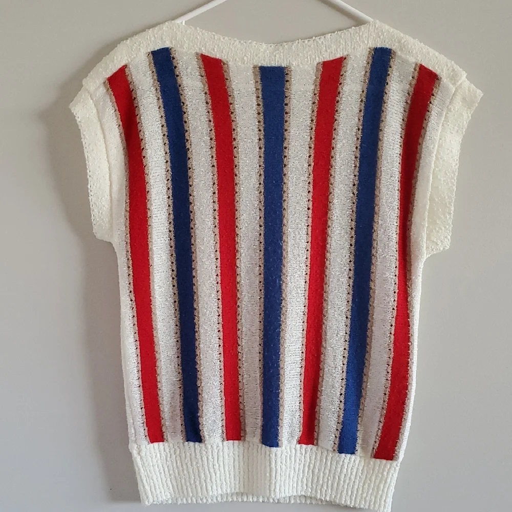 Vintage D'allaird's Cream Sleeveless Knit Sweater Top Red & Blue Stripes Sz M - Picture 5 of 11